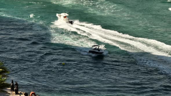 Small boat in rough inlet waters Miami