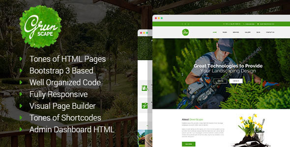 Greenscape - Lawn & Garden Landscaping HTML template with Visual Page Builder and Dashboard Frontend