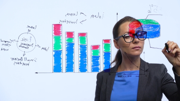 Woman Draws Various Growth Charts, Calculating Prospects for Success in a Modern Glass Office