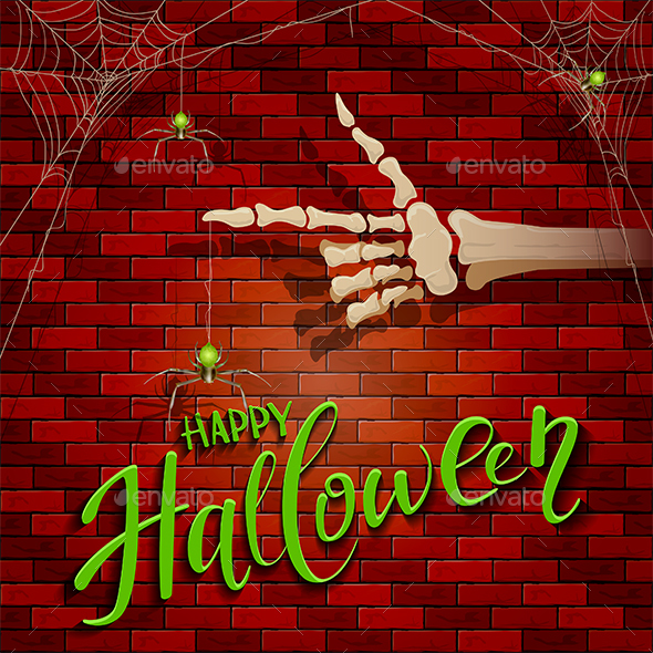 Halloween Background with Skeleton Hand and Spider