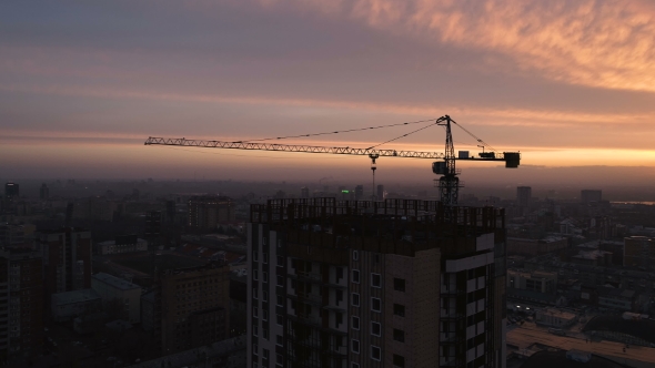 Aerial Drone Shot of Construction Site of Modern Glass Office Building in City