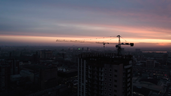 Aerial Drone Shot of Construction Site of Modern Glass Office Building in City