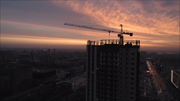 Yellow Tower Building Crane Fly Around Construction Site Building Apartments