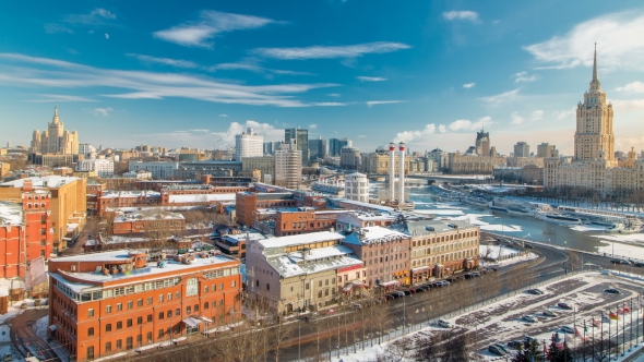 on a Winter City Moscow . Urban Landscape with a Frozen River