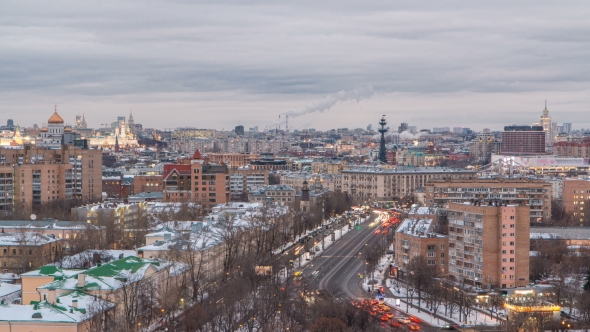 Moscow City Russia Skyline Aerial Panoramic Day To Night  Urban Winter Snow Scener