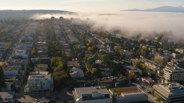 Aerial view of early morning fog rolling in over a residential neighbourhood in Vancouver.