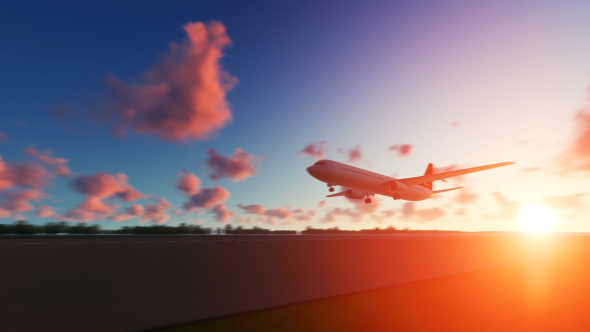 The Plane Landing to Salt Lake City in USA at Sunset alt