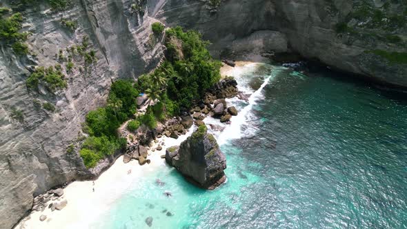 Aerial drone video of Diamond Beach in Nusa Penida Bali during the day