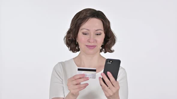 Online Payment on Smartphone By Old Woman, White Background 