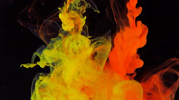 Stream of Red and Yellow Paint Dissolves in a Transparent Space on a Black Background