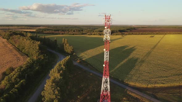 Cell site of telephone tower with 5G base station transceiver
