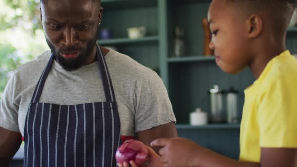 African american father and son in kitchen wearing aprons and preparing dinner together