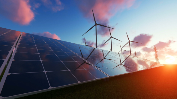 Solar Panels and Wind Turbines at Sunset alt