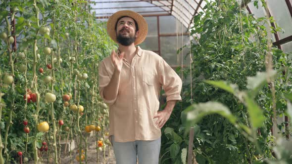 Expert Male Farmer Juggling Tomato Looking at Camera Standing in Sunny Greenhouse