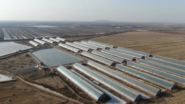 Cultivated land and vegetable greenhouses in northeast China in winter