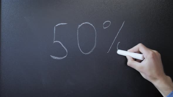 Hand writing discounts 50 percent on chalkboard.