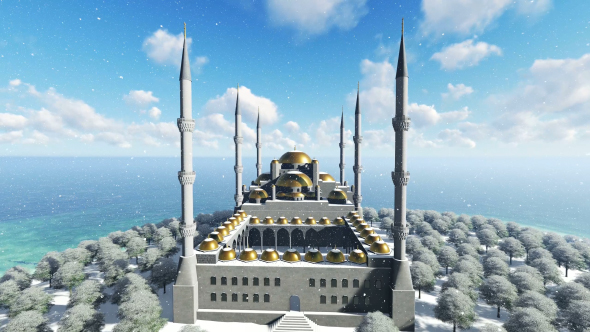 Aerial View of Snowy Mosque alt