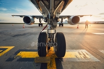 he airplane at the airport against. Member of the ground staff preparing the passenger airplane before flight. – Selective focus on the wheels.