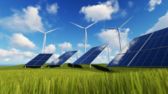 Wind Turbines and Solar Panels on Green Field alt