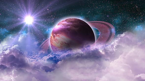 Flying Through Abstract Purple Clouds in Space and Planet with the Shine Star alt