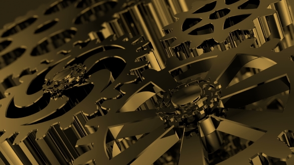 Rotating Golden Gears Movement of Metal Gears in a Mechanical Device