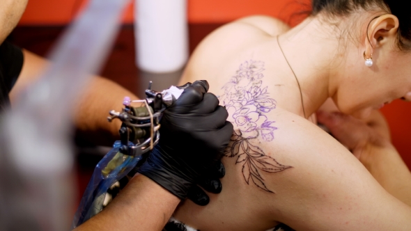 Tattoo Salon , a Specialist Is Doing a Tattoo on Woman's Back, Black Paint Floral Ornament. a