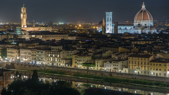 Famous Arnolfo Tower of Palazzo Vecchio  and Basilica Di Santa Maria Del Fiore at Night in Florenc