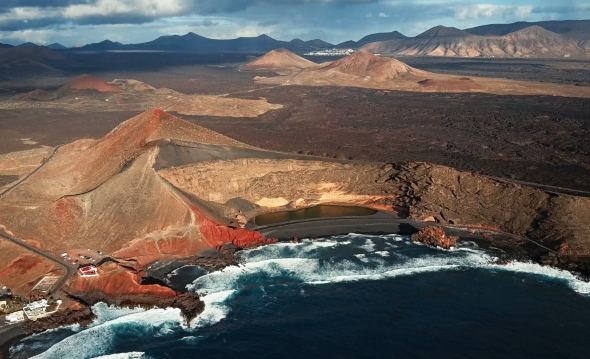 Flying Over Volcanic Lake El Golfo, Lanzarote, Canary Islands, Spain