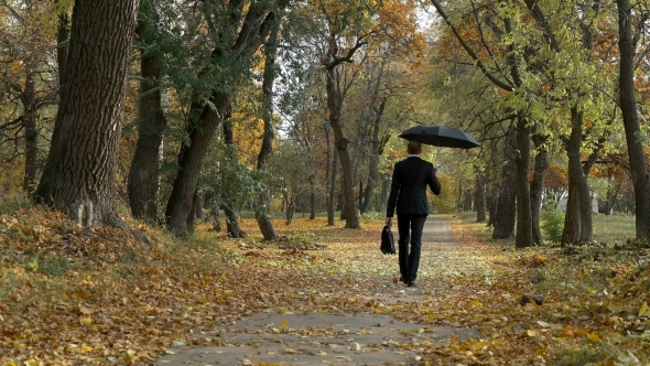 Businessman with Umbrella Walking in Autumn Park