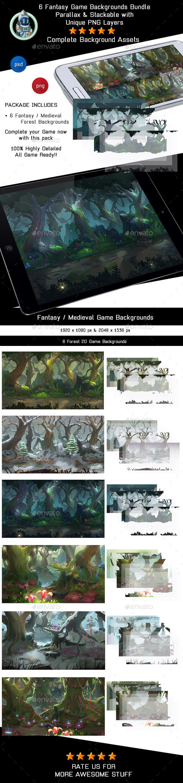 6 Forest 2D Game Backgrounds - Parallax and Stackable