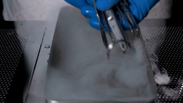 Doctor Sterilizes the Medical Instrument in the Container with Hot Water