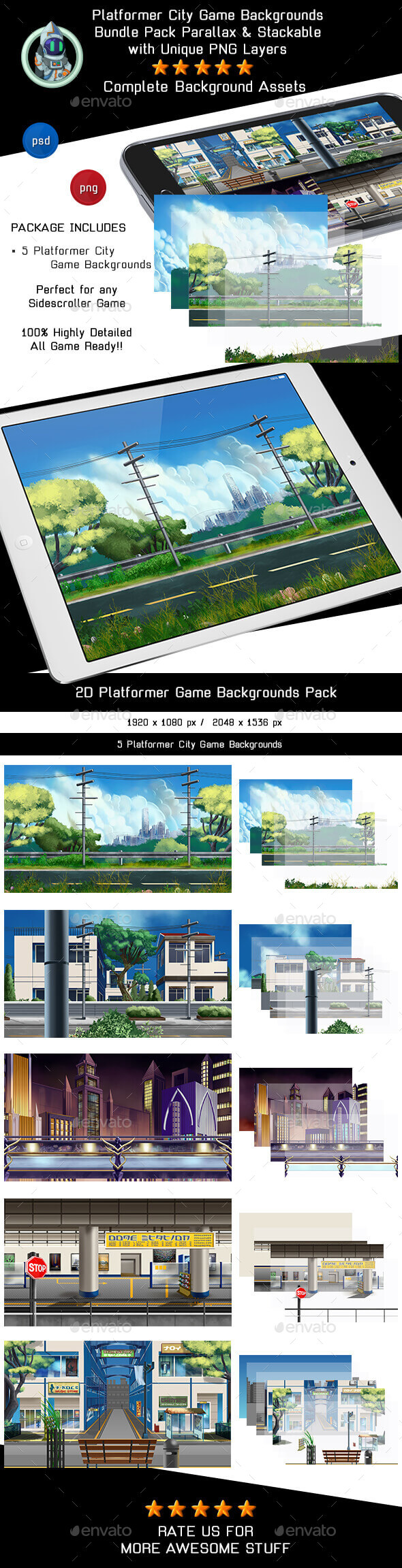5 Platformer City Game Backgrounds - Parallax & Stackable