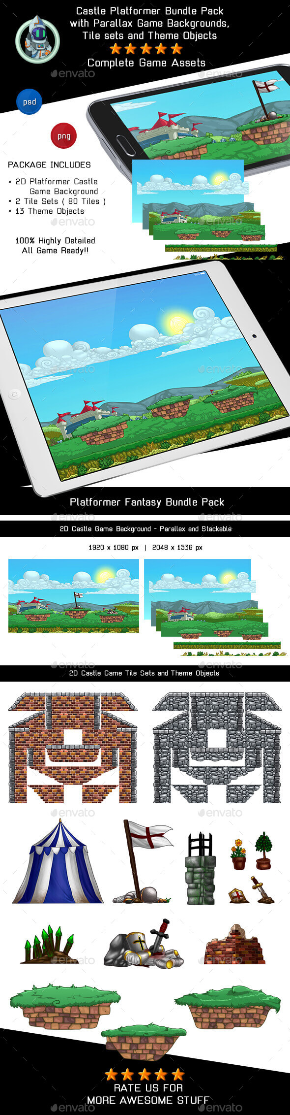 2D Platformer Castle Game Background with Tile Sets & Objects