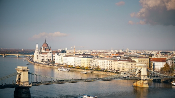 Panorama of Budapest with the Danube and the Parliament Building, Hungary. Aerial View of Budapest