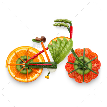 ail made of fresh vegetables and fruits full of vitamins. Creative diet food healthy eating concept photo of electric bicycle in details made of fresh fruits and vegetables full of vitamins on white background.