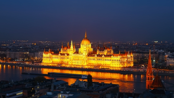 Night . Budapest with the Danube and the Parliament Building, Hungary. Aerial View of Budapest