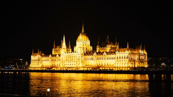 Night . Budapest with the Danube and the Parliament Building, Hungary. Aerial View of Budapest