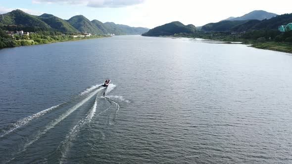 Aerial Drone View Han River And Water Skiing