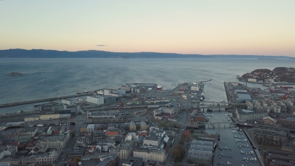 Sunset Over Trondheim. Panorama of the City, Top View. Norway Aerial