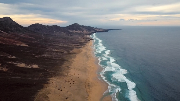 Flight Over Desert Beach on Fuerteventura Island, Spain