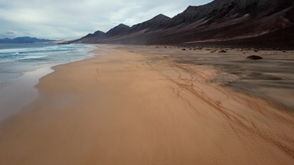 Flight Over Desert Beach on Fuerteventura Island, Spain
