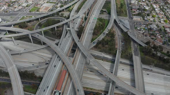 AERIAL: Slowly Circling Over Judge Pregerson Huge Highway Connection Showing Multiple Roads, Bridges