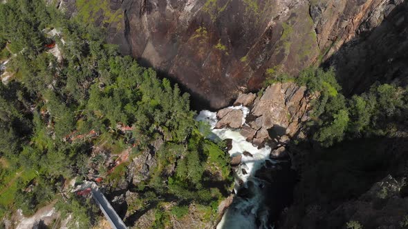 Drone flight over new bridge at Voringsfossen Falls, Eidfjord, Norway