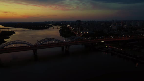 Aerial Drone View of a Night Big City Scape