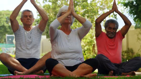 Senior friends performing yoga in garden 4k