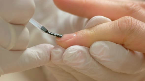 Close Up Manicurist Applying Varnish.