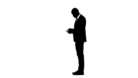 Businessman in the Phone Thumbs Information. White Background. Silhouette