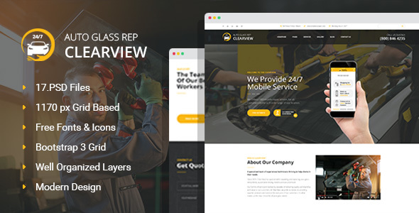 ClearView - Auto Glass Replacement and Window Tinting PSD Template