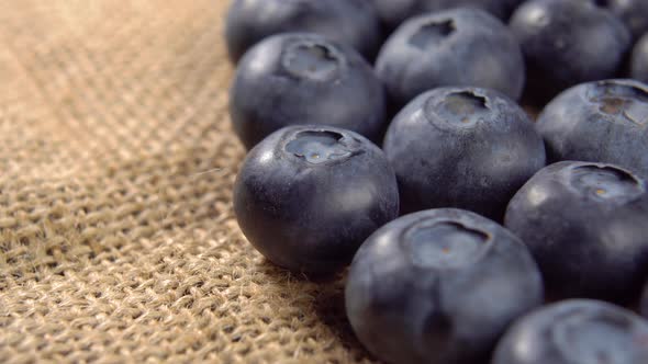 Blueberries on rustic burlap. Ripe juicy berries close up. Macro