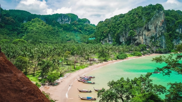 Hat Tom Sai Beach with Long Tail Boats on the Beach. Railay Travel Destination Near Ao Nang, Krabi